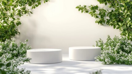 Minimalist white podiums surrounded by greenery, nature, spring
