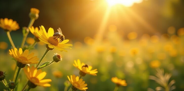 Golden sunlight bathes vibrant wildflowers, busy bees flitting , bright, golden, serene