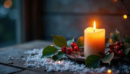 Candlelit winter scene with holly and berries, , Candle