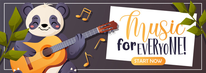 Horizontal music banner with cute panda playing guitar and fun message. Great for ads, kids events, education and social media promotion.