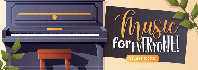Horizontal music-themed banner with upright piano and message music for everyone. Great for inclusive events, ads, or social media.