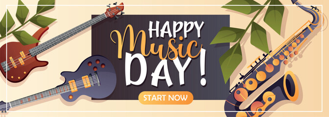 Fototapeta premium Horizontal music banner with electric guitars and saxophone celebrating music day. Great for ads, social media, or event posters.