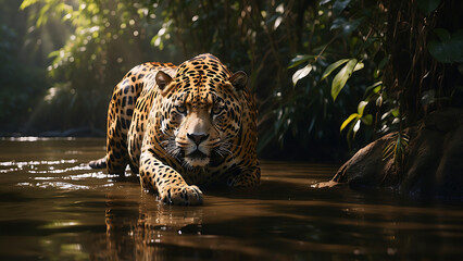 Jaguar-Crouching-in-Dappled-Light