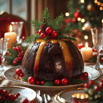 christmas table setting with cristmas pudding