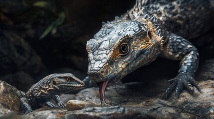 Obraz premium Lizard Mother and Baby on Rocks, Jungle Background - Nature Stock Photo