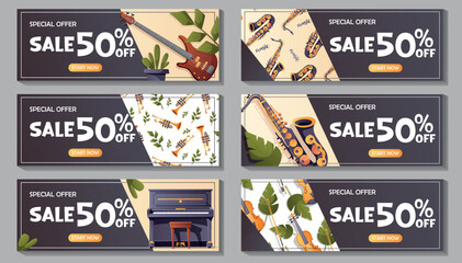 Naklejka premium Set of creative horizontal vector banners with musical instruments and special offer of fifty percent discount. Ideal for promotions, sales or music-related advertisements. 