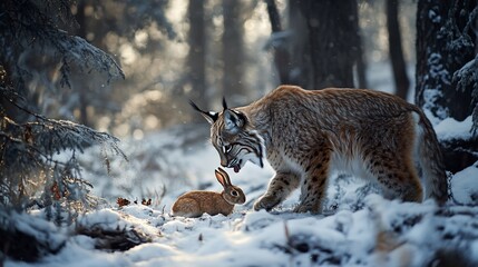 Lynx and rabbit encounter, snowy forest, winter wildlife, nature scene, wildlife photography