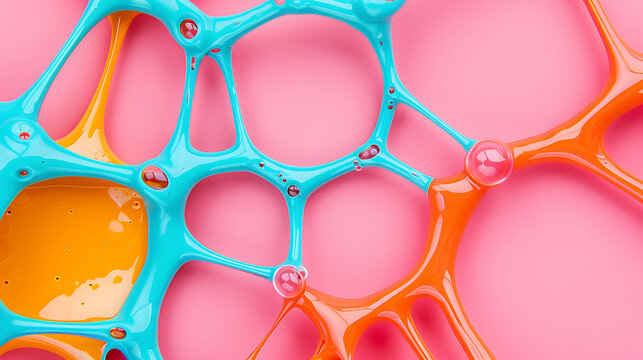 Abstract Cell Structure Network with Liquid Fillings in Orange Blue Colors on Pink Background