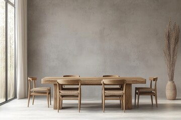 Modern dining room featuring natural wood table and chairs