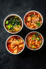 Delicious chicken noodle soup with rice and Thai spicy chicken curry served with fresh vegetables and pasta in a white bowl, perfect for a healthy and gourmet meal ai generated