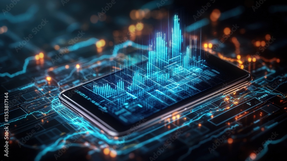 Poster A smartphone displaying a vibrant 3D cityscape with glowing blue data streams and interactive graphs set on a technological circuit board backdrop design