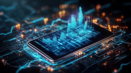 A smartphone displaying a vibrant 3D cityscape with glowing blue data streams and interactive graphs set on a technological circuit board backdrop design