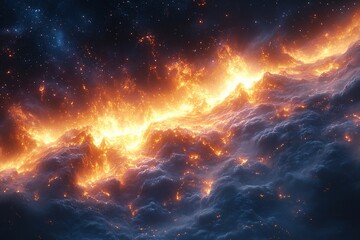 Ethereal cosmic clouds glow with orange light amidst starry dark blue expanse