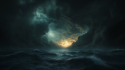 Fototapeta premium Turbulent seascape with lightning illuminating ominous clouds over ocean