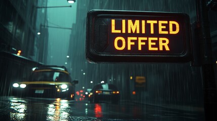 Limited offer sign in the rain, city street at night. Rainy urban scene with glowing sign and blurred vehicles.