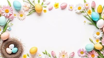 Festive Easter Frame Design with Colorful Patterned Eggs, Blooming Spring Flowers in Woven Nest Border Template on Clean White Background for Seasonal Greeting Card and Social Media Layout