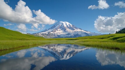 Majestic snow capped mountain reflected in a calm, still pond. Lush green meadows surround the serene water, under a vibrant blue sky with fluffy white clouds. The scene is peaceful and idyllic.