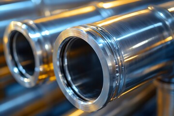 Naklejka premium Close-up of polished stainless steel industrial pipes with golden reflections. The smooth metallic texture and structured composition create a high-tech, futuristic, and engineering-focused aesthetic.