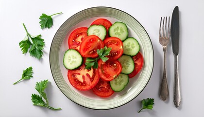 Tomato and cucumber fresh salad on a white background top view