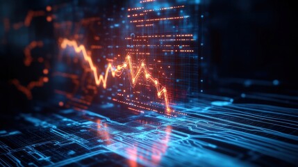 Digital rende of a downward-trending orange stock market graph overlaying a futuristic circuit-board background with glowing blue data streams visually represented