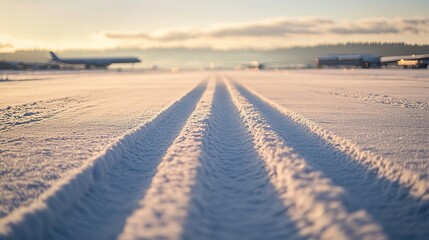 Fototapeta premium Snow-covered runway with faint tire tracks, soft sunlight casting long shadows, distant planes blurred, shallow focus. Winter serenity in motion. 