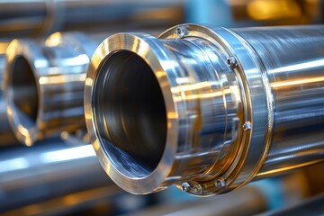 Naklejka premium Close-up of polished steel industrial pipes with bolted flanges, reflecting blue and golden light. A futuristic high-tech manufacturing setting with precision engineering and metallic symmetry.