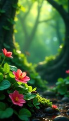 Lush foliage, crawling insects, dew-kissed petals , fresh, natural, outside