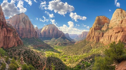 Naklejka premium Panoramic vista of Zion National Park's majestic sandstone cliffs and diverse vegetation