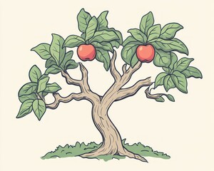 Two red apples on a small, stylized tree