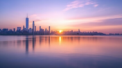 Fototapeta premium Hudson River reflecting the Manhattan skyline, as the sun sets behind the towering skyscrapers of NYC.