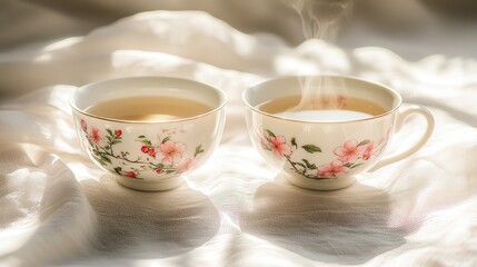 Delicate porcelain teacups with plum blossoms, soft steam rising, embodying serenity and elegance of Chinese New Year.
