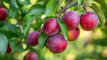 Obraz premium Large, ripe plums hanging in clusters, surrounded by lush green leaves in a thriving orchard.