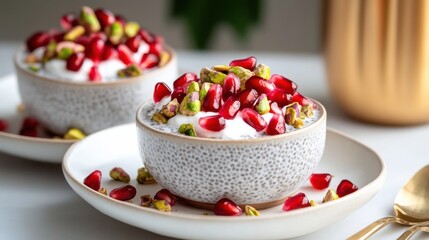 Elegant Display of Two Bowls of Pomegranate with Golden Spoon Accents