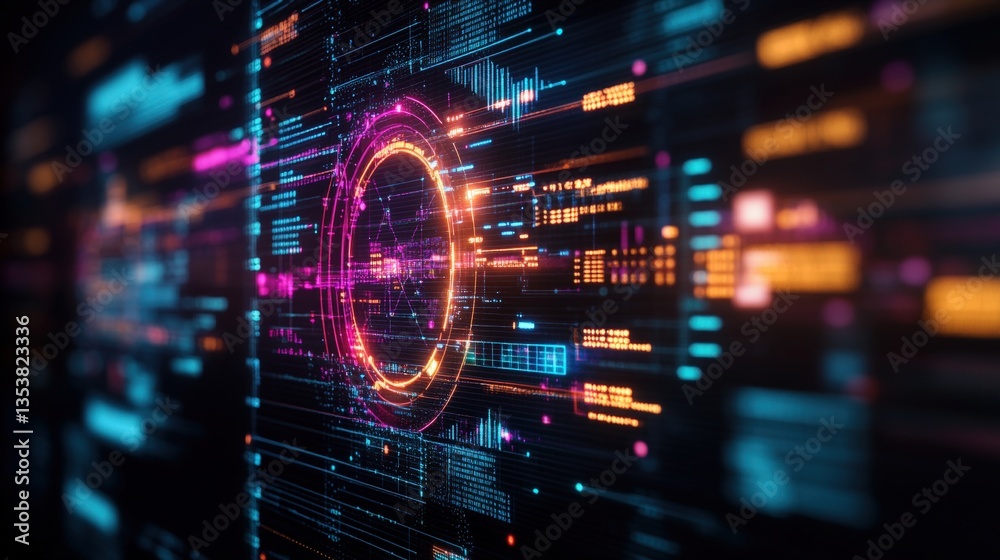 Poster abstract digital background with glowing circular interface on wall of streaming data in vibrant pin