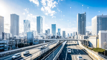 Conceptual AI interface over futuristic urban highway