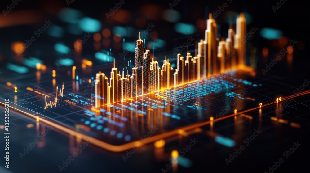 Poster abstract 3d rende of illuminated data points and graphs forming a futuristic cityscape, symbolizing 