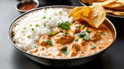 Delicious Bowl of Rice and Crispy Chips with Fresh Ingredients and Color