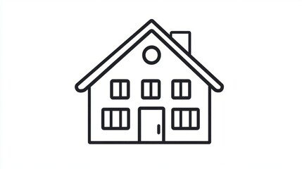Obraz premium Line drawing of a simple house with a gabled roof, four windows, a door, and a circular window in the roof.