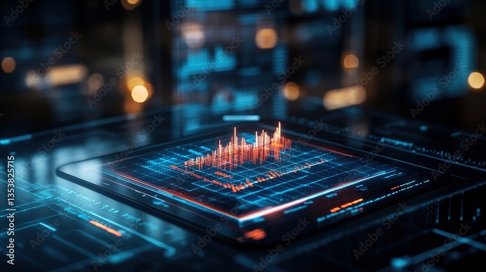 Poster close-up of futuristic transparent tablet displaying dynamic orange-red line graph amid glowing blue