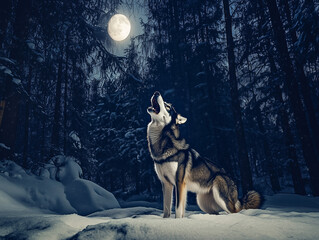 Naklejka premium Moonlit Howl: Wolf in Winter Forest