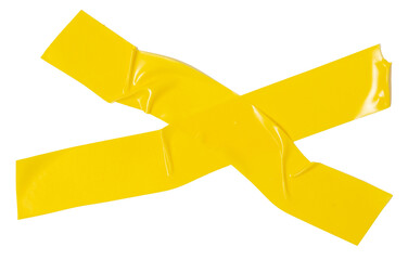 Isolated yellow cross made of electrical tape on white background