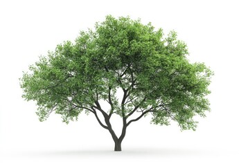 Lush green tree against white background.  Full, healthy foliage displays vibrant green tones, with a strong trunk and branches.  Isolated for use in graphic design