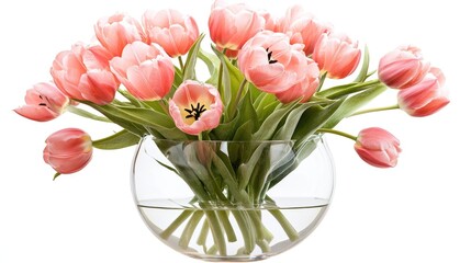 Fresh Pink Tulips in Glass Vase with Water on White Background
