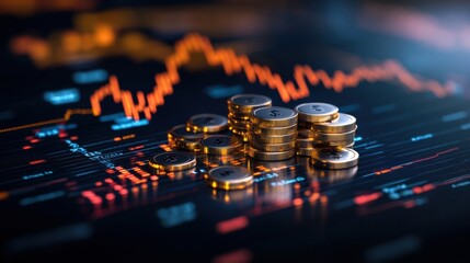 Stacks of gold coins with dollar signs sit on a digital display showing a fluctuating stock market graph representing wealth and financial growth strategies