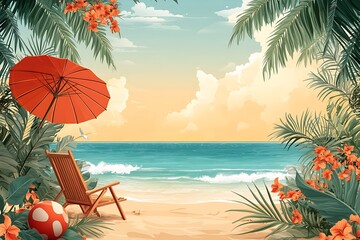 Tropical Beach with Umbrella, Beach Chair, Ball, Palm Trees & Flowers