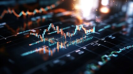 Close-Up View of Dynamic 3D Stock Market Graphs in Teal and Orange Colors on Digital Screen Overlaid on Data Grid with Blurred Glowing Background