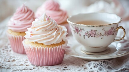 Delicate Cupcakes with Cream Frosting and Elegant Tea Set