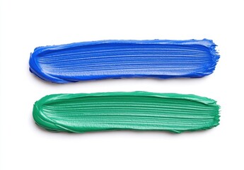Two vibrant paint strokes, one blue and one green, set against a stark white background. The paint is thick and textured with visible brushstrokes.