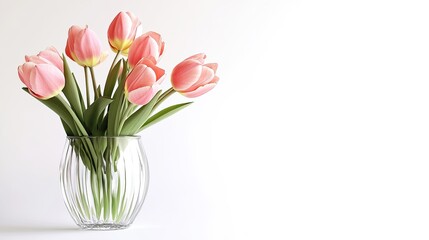 Obraz premium Elegant Pink Tulips in a Clear Glass Vase on a Bright Background