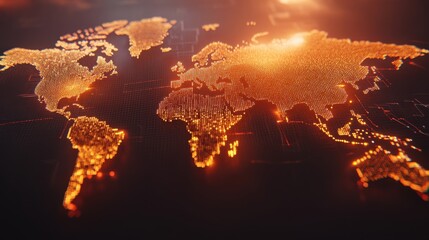 Digital World Map Visualization with Glowing Effects and Data Connections in Orange and Black Background